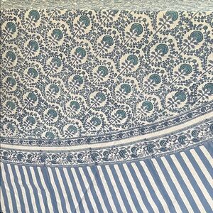 Gorgeous Pomegranate Tablecloth round 108” on blues.